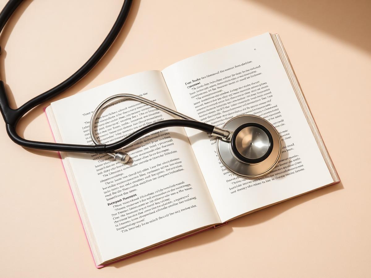 Detalhe de um estetoscópio sobre um livro de direito